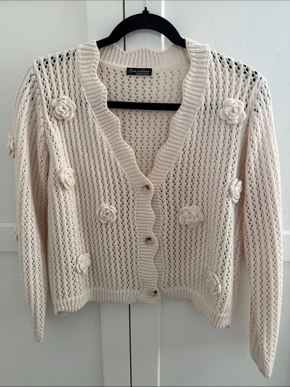 Cream Crochet Cardigan Flower Appliqué Cream size Small